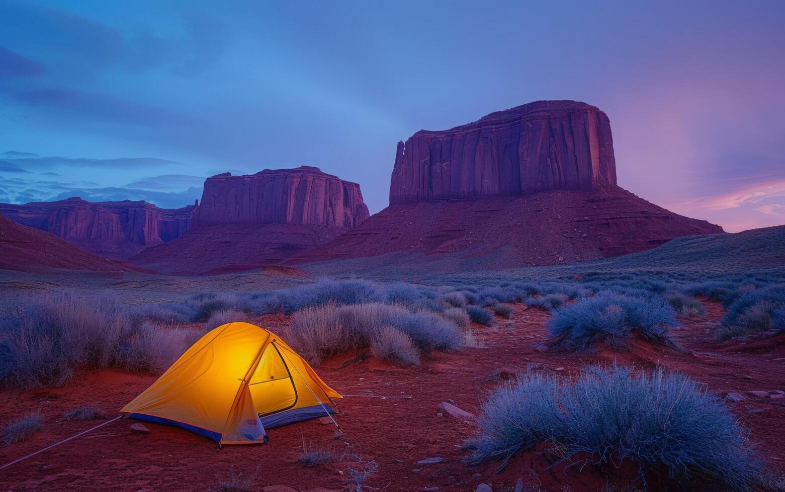 ai generato deserto crepuscolo si illumina tenda in mezzo maestoso roccia formazioni foto
