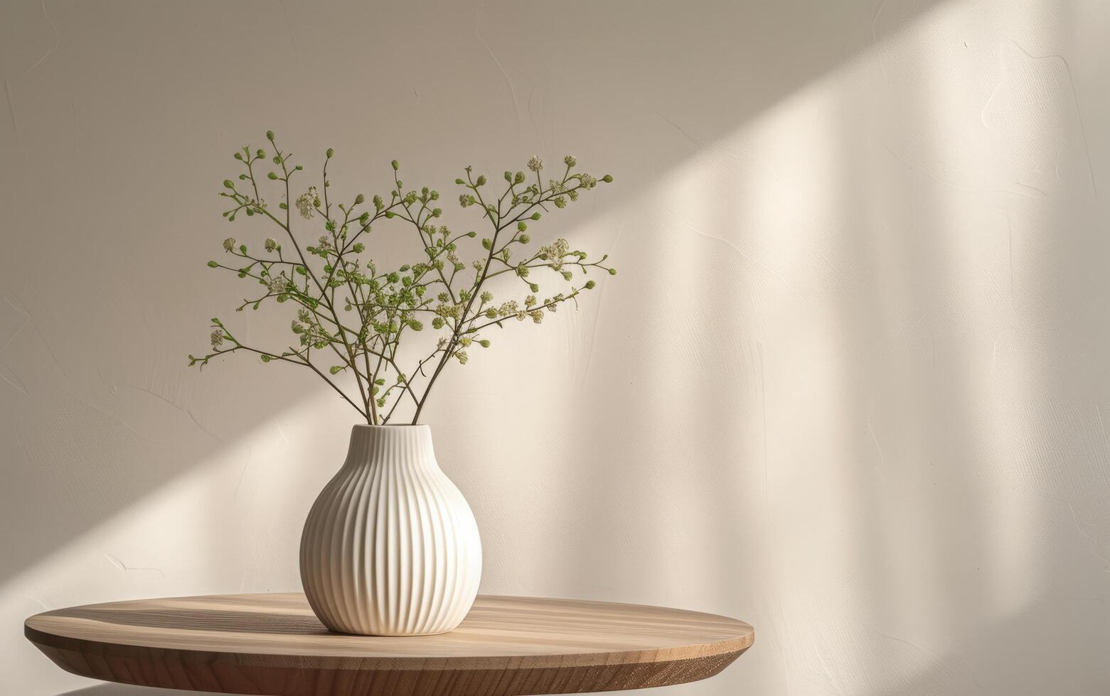 ai generato verde rametti nel elegante moderno vaso su un' di legno tavolo, neutro parete nel sfondo foto