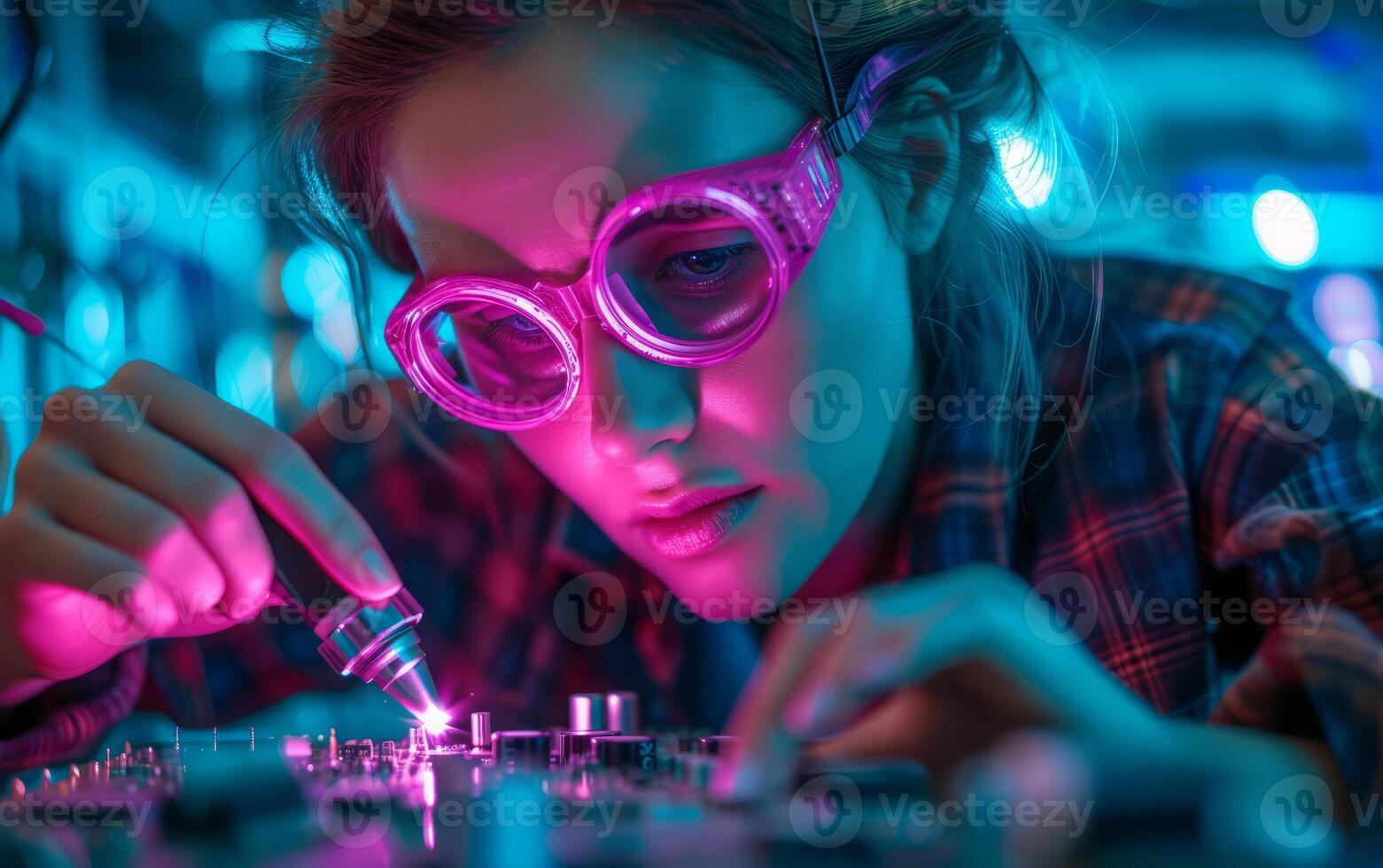 ai generato femmina lavoratore saldatura elettronico circuito tavola nel neon rosa sicurezza occhiali foto