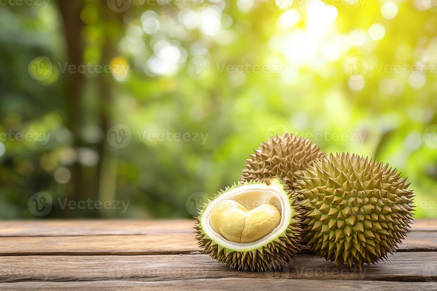 ai generato fresco durian frutta su di legno tavolo e sfocato sfondo con copia spazio foto