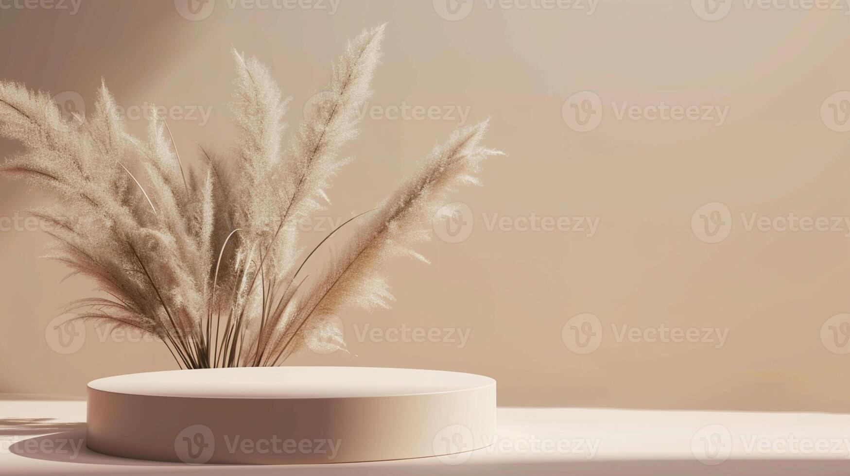 ai generato 3d interpretazione di un' minimo podio per Prodotto Schermo contro pampa erba su un' beige sfondo foto