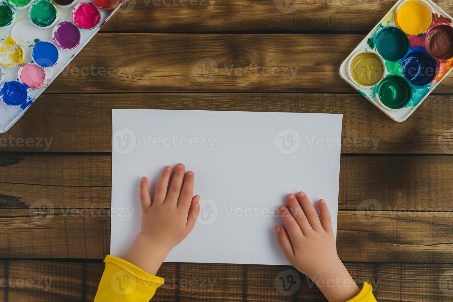 ai generato del bambino mani su un' foglio di bianca carta con vernici e spazzole, superiore Visualizza foto