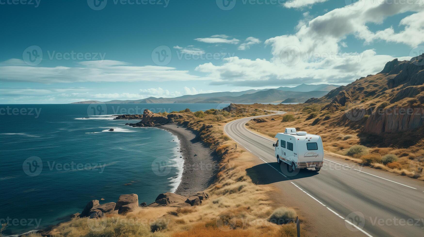 ai generato bianca furgone camper si sposta lungo il autostrada lungo il mare, famiglia viaggio concetto foto