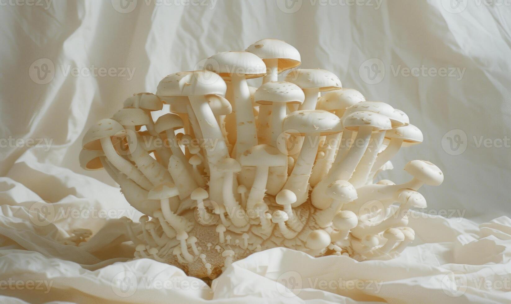 ai generato shimeji funghi su bianca tessuto sfondo. shimeji funghi foto