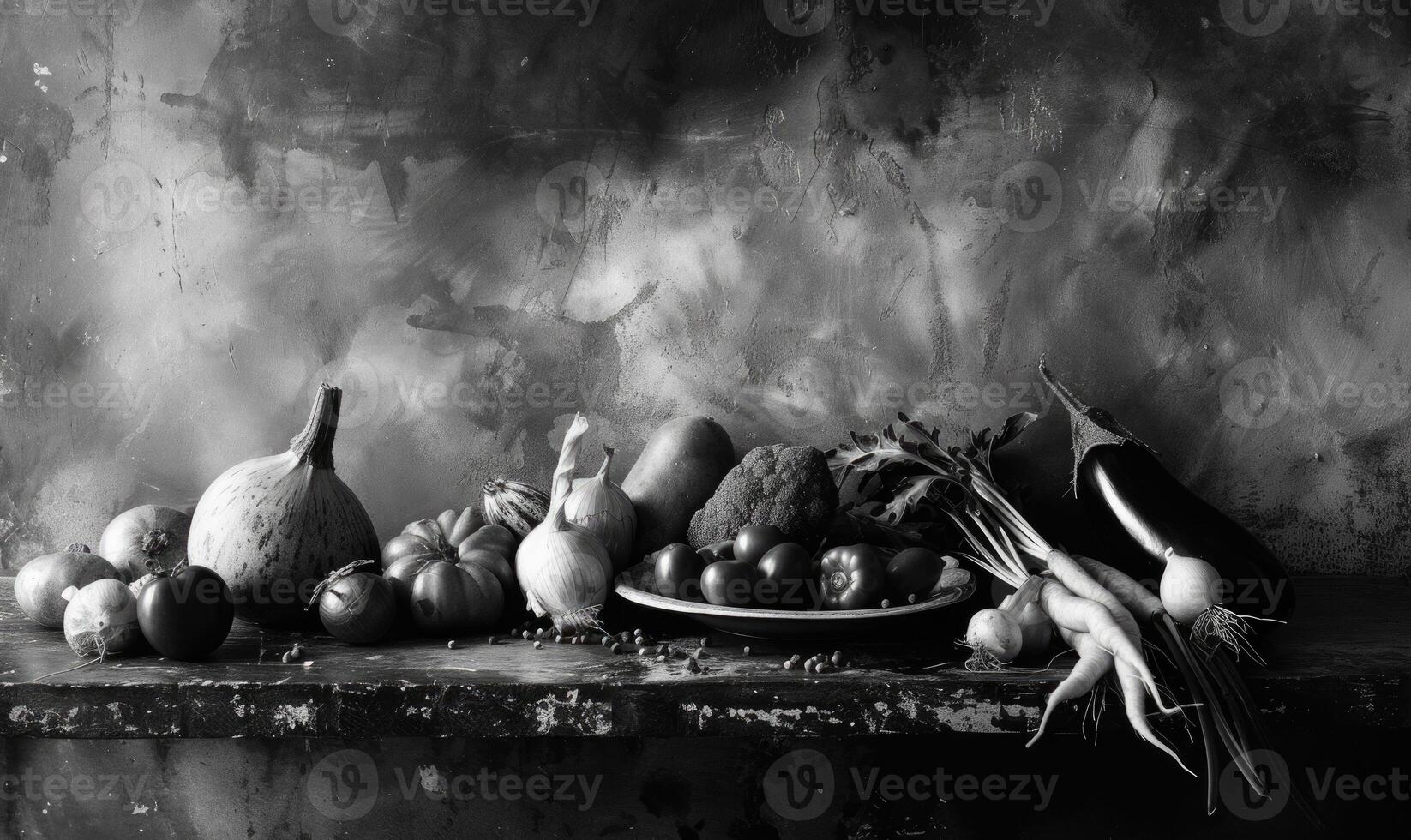 ai generato ancora vita con verdure su un' nero sfondo. nero e bianca foto. foto