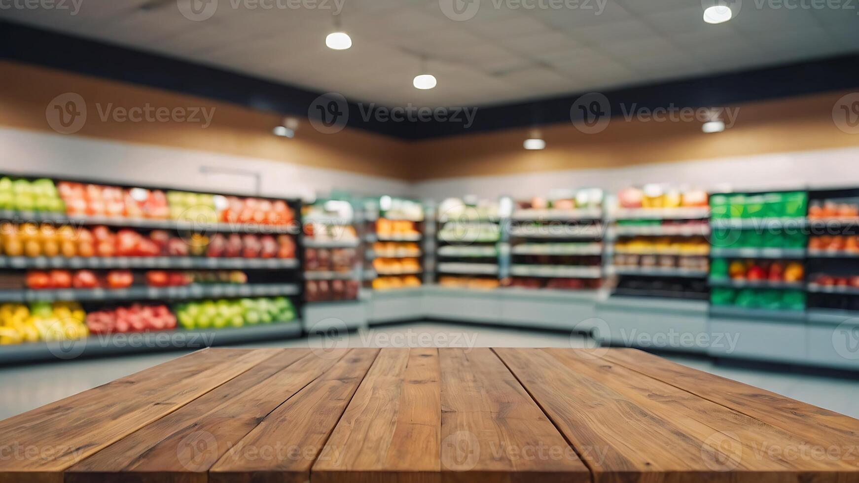 vuoto di legno tavolo con bellissimo supermercato sfondo, fotorealistico foto