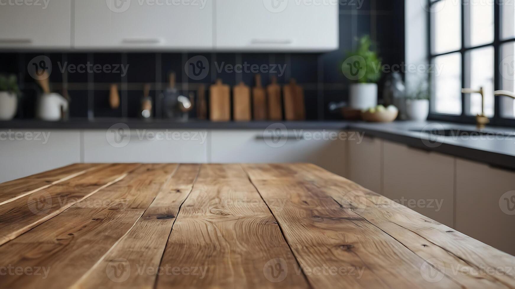 bellissimo legna tavolo superiore e sfocatura bokeh moderno cucina interno sfondo nel pulito e luminosa, studio caldo leggero foto