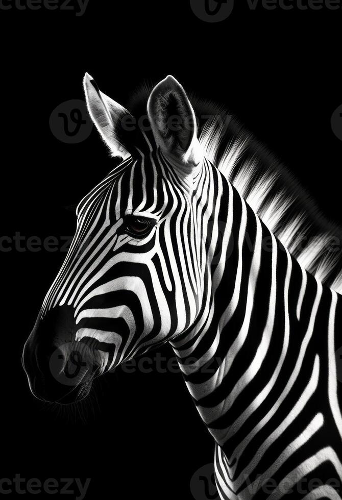 ai generato un' monocromatico foto di un' zebra con un' nero sfondo