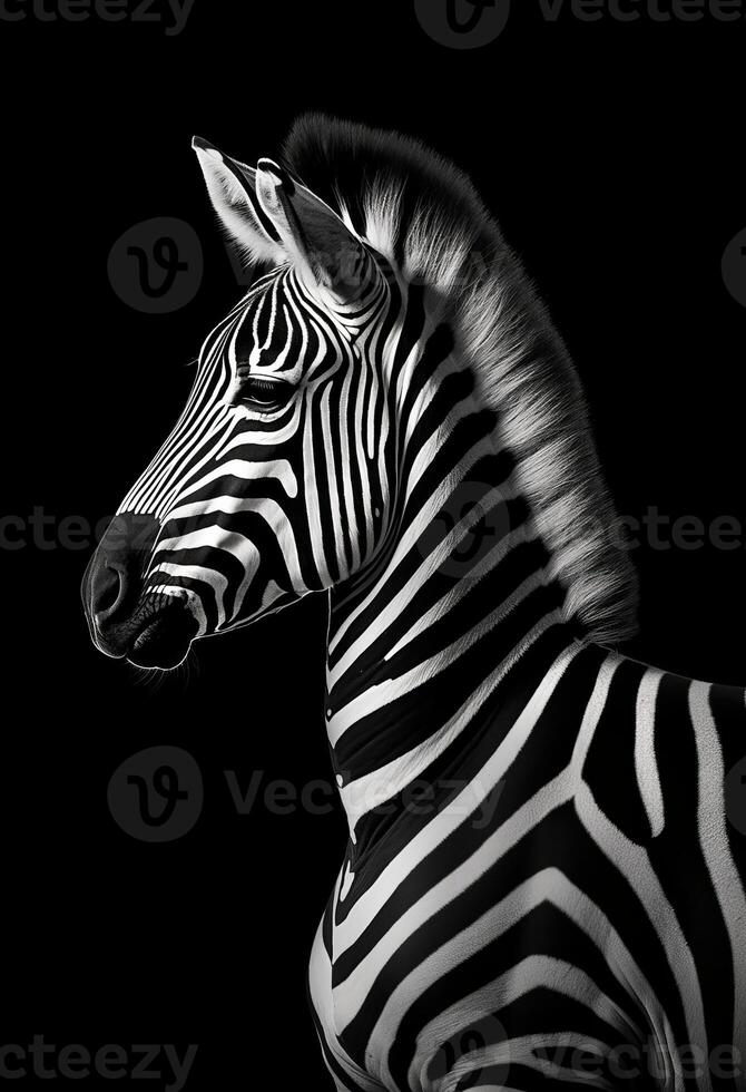 ai generato un' monocromatico foto di un' zebra con un' nero sfondo