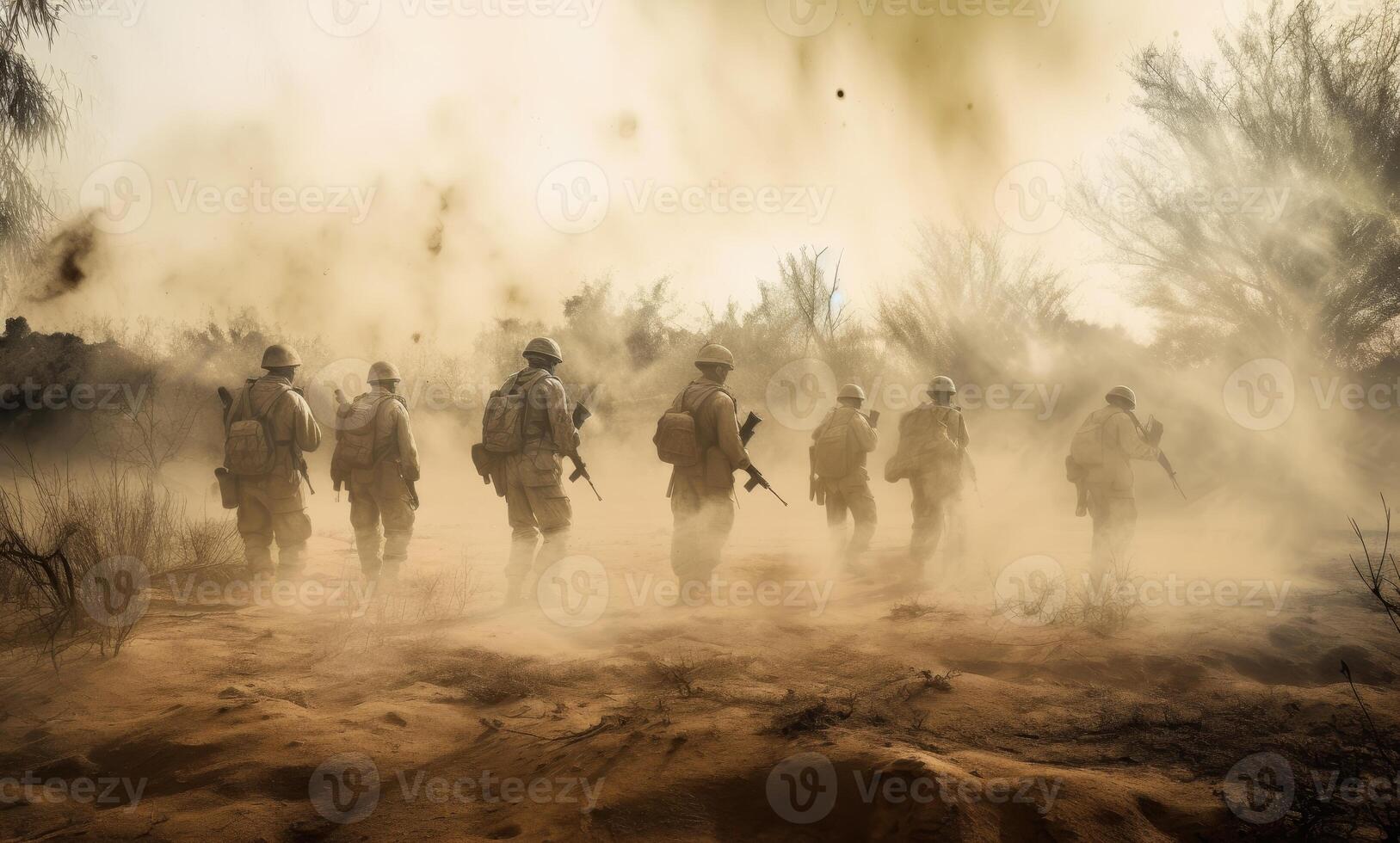 ai generato battaglia scena. militare sagome combattente scena su guerra nebbia cielo sfondo. mondo guerra soldati sagome sotto nuvoloso orizzonte a tramonto foto