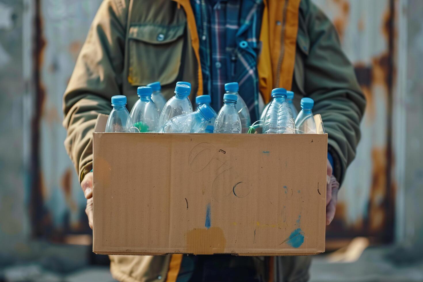 ai generato persona Tenere cartone scatola di plastica bottiglie con ai generato. foto