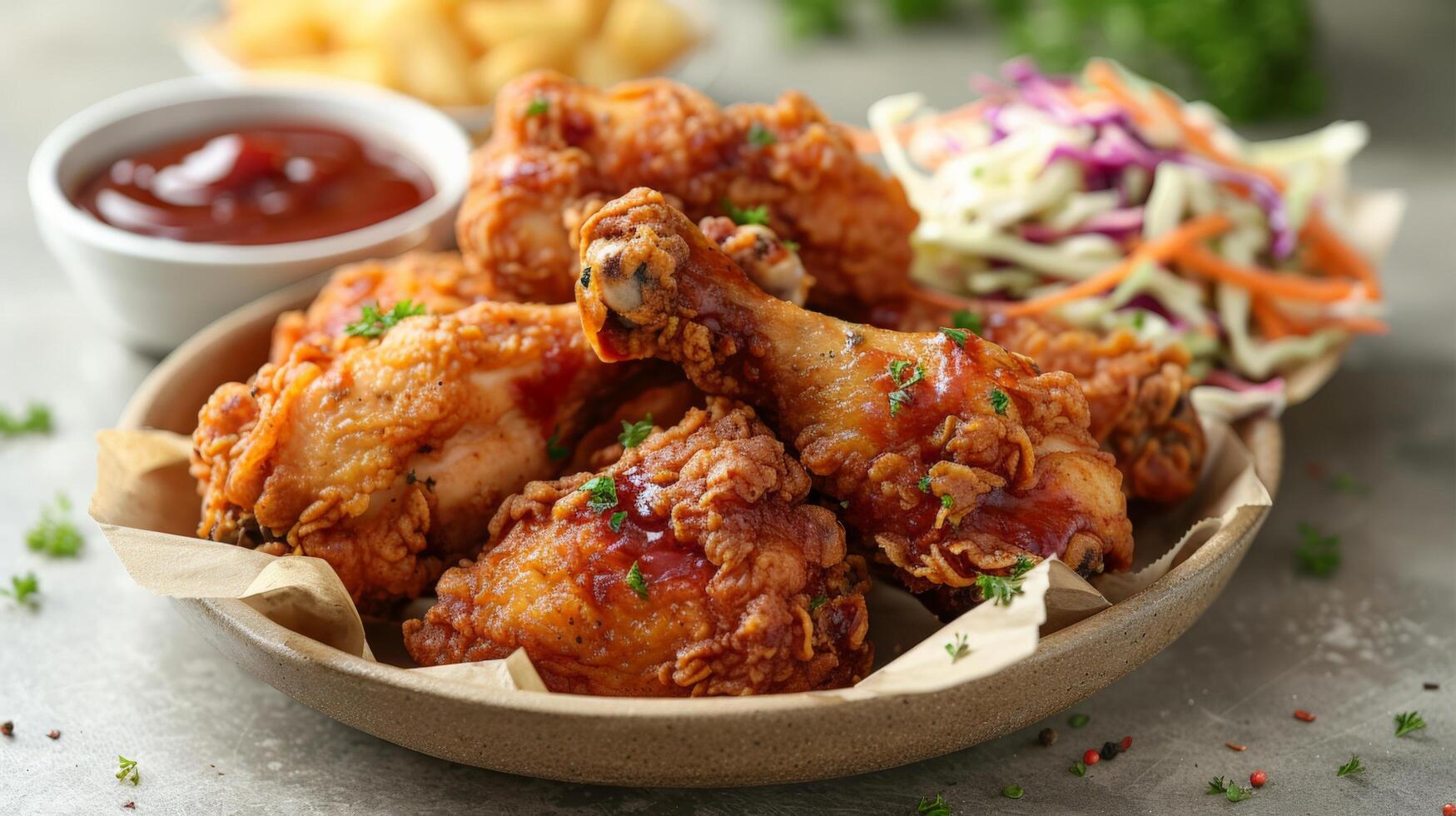 ai generato ciotola di fritte pollo e insalata di cavolo foto