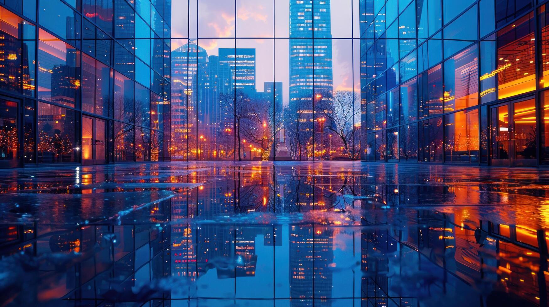 ai generato città riflessione nel bicchiere edificio foto