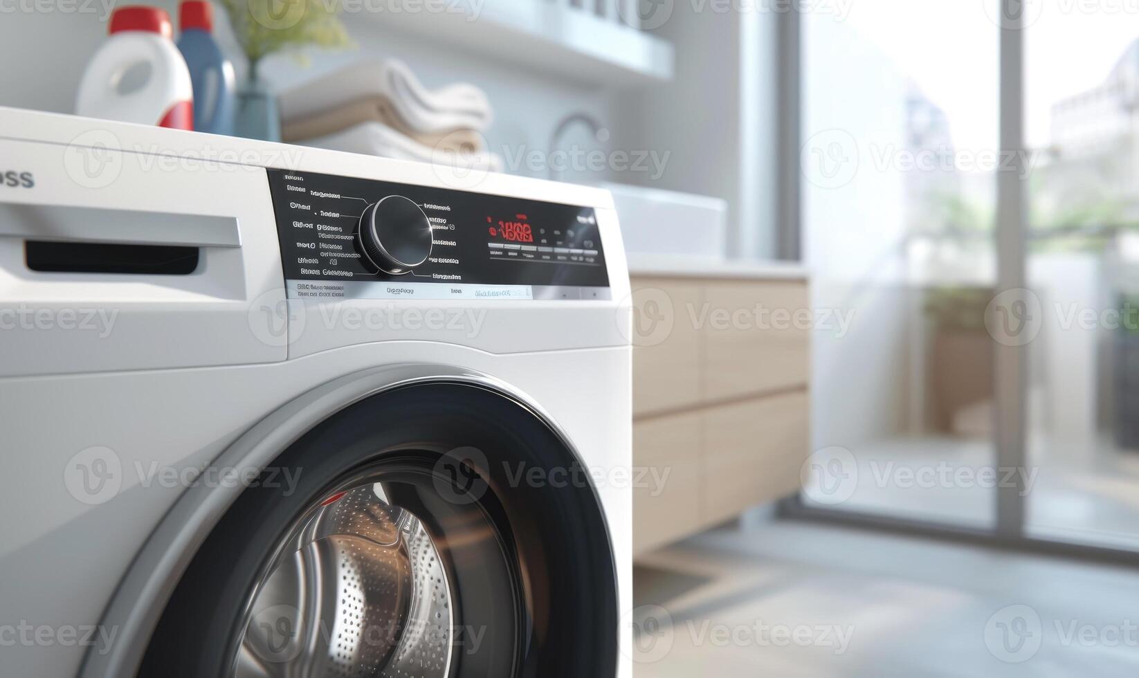 ai generato lavanderia camera interno con lavaggio macchina e Abiti. foto