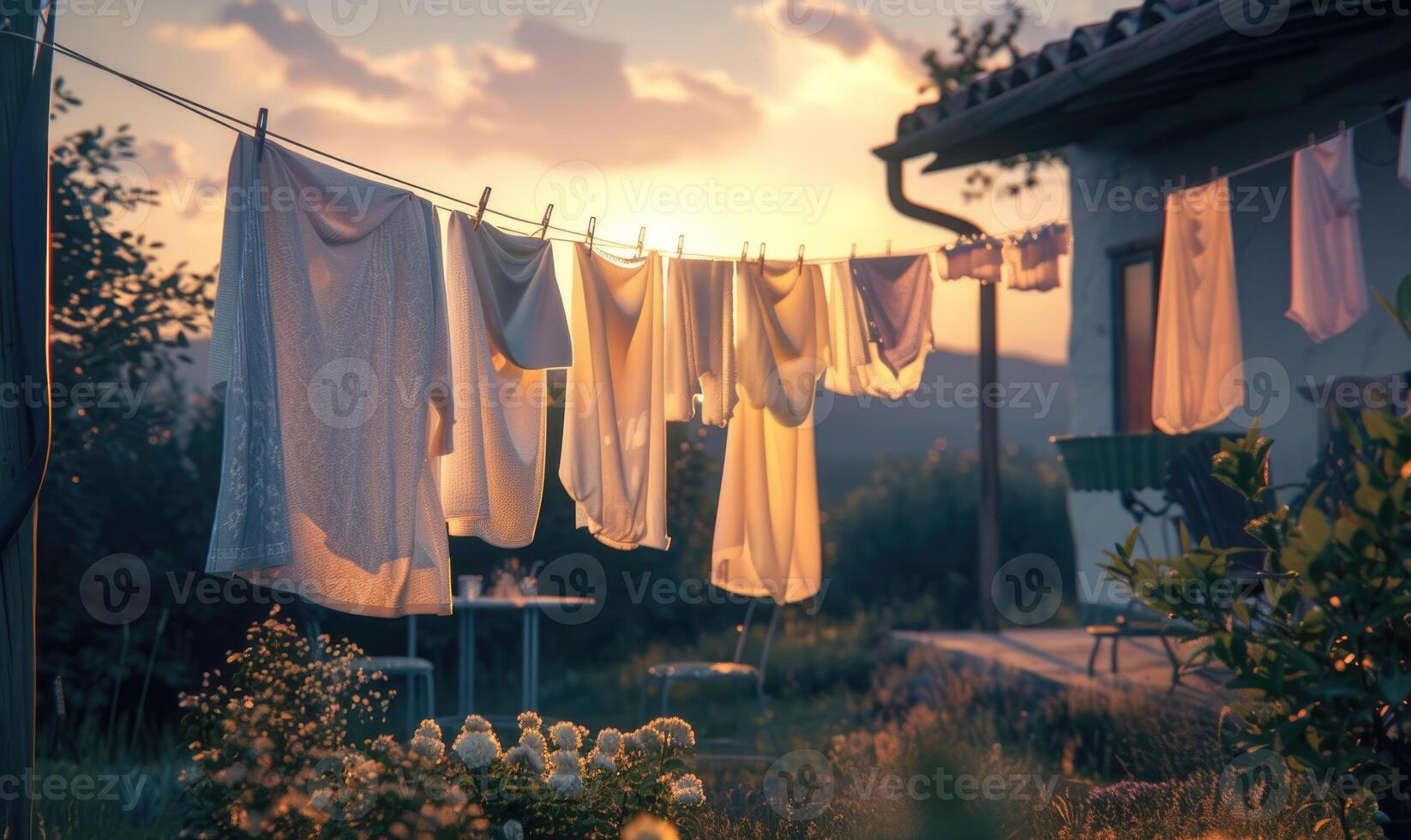 ai generato lavanderia essiccazione su il clothesline nel il giardino a tramonto foto