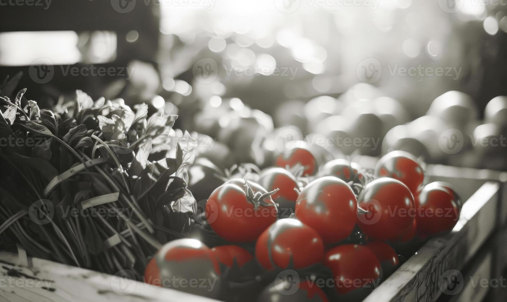 ai generato pomodori nel un' di legno scatola su il mercato. selettivo messa a fuoco. foto