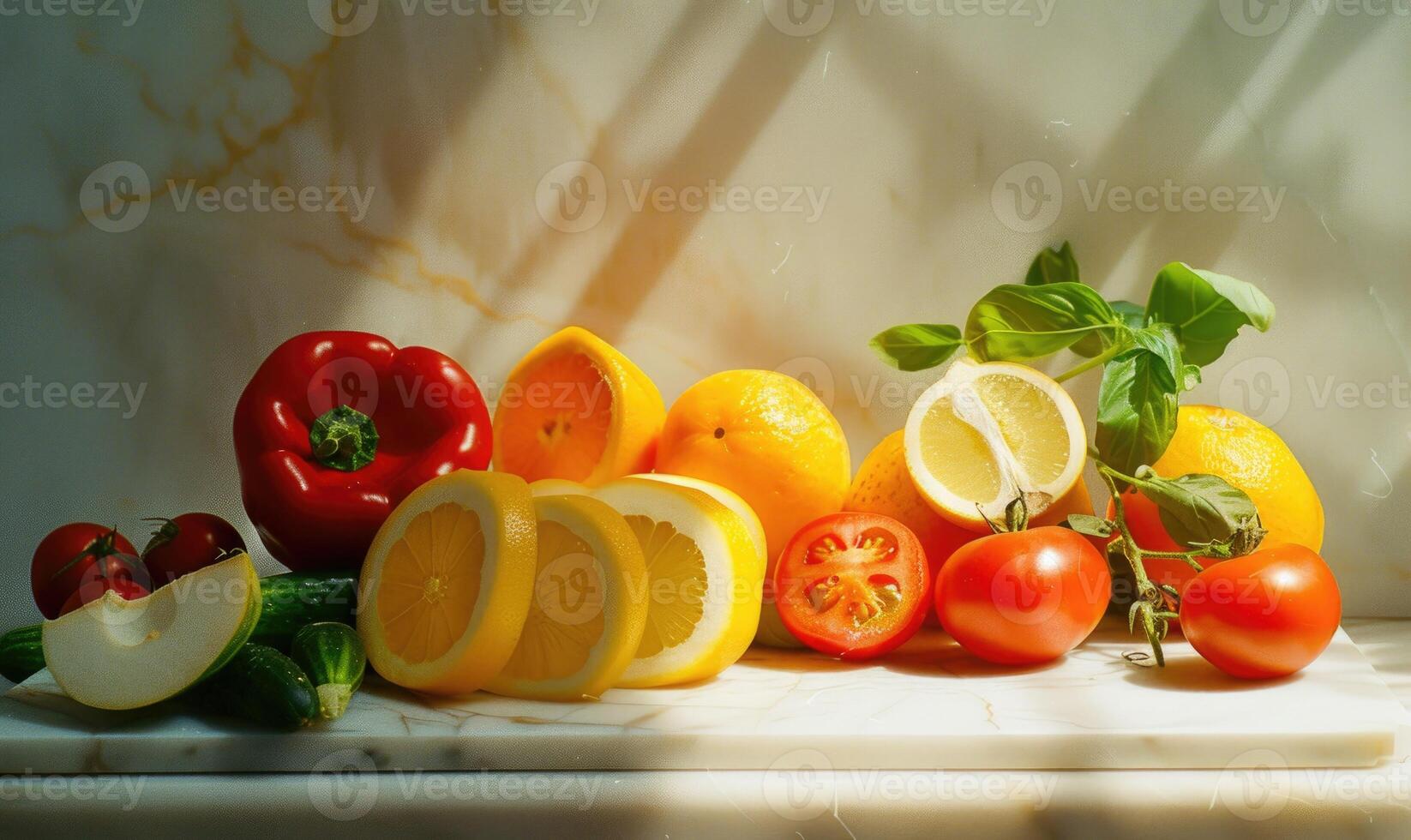 ai generato verdure e frutta su un' di legno tavolo nel il raggi di il sole foto