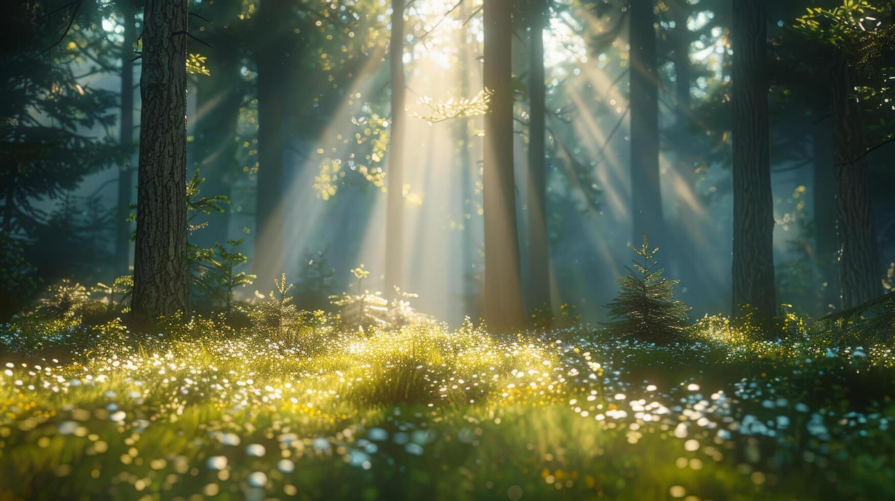 ai generato denso foresta paesaggio con abbondante alberi e erba foto