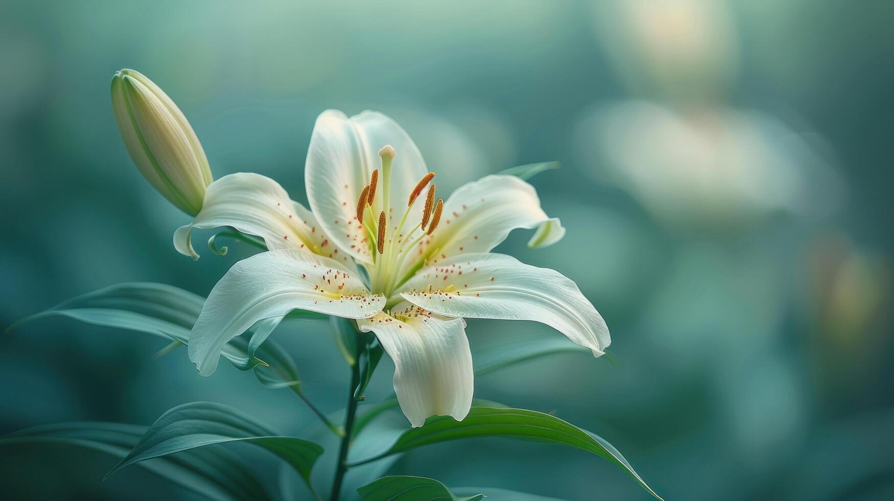 ai generato vicino su di bianca fiore con verde le foglie foto