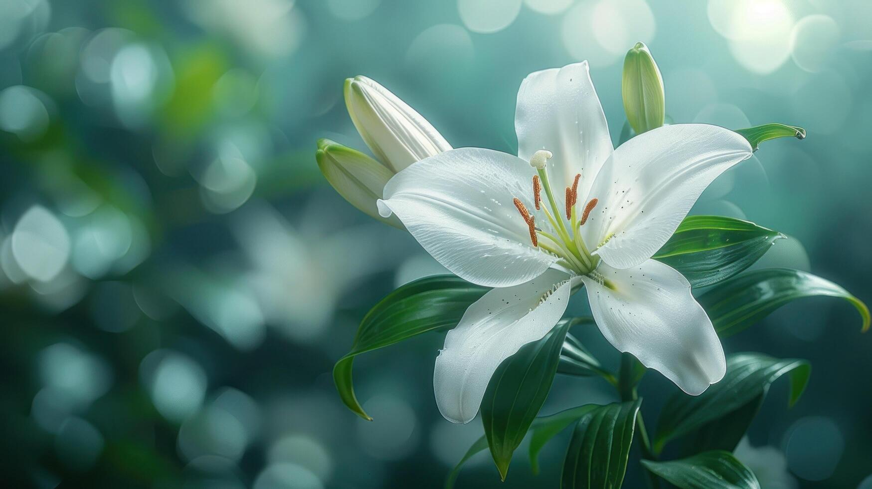 ai generato vicino su di bianca fiore con verde le foglie foto