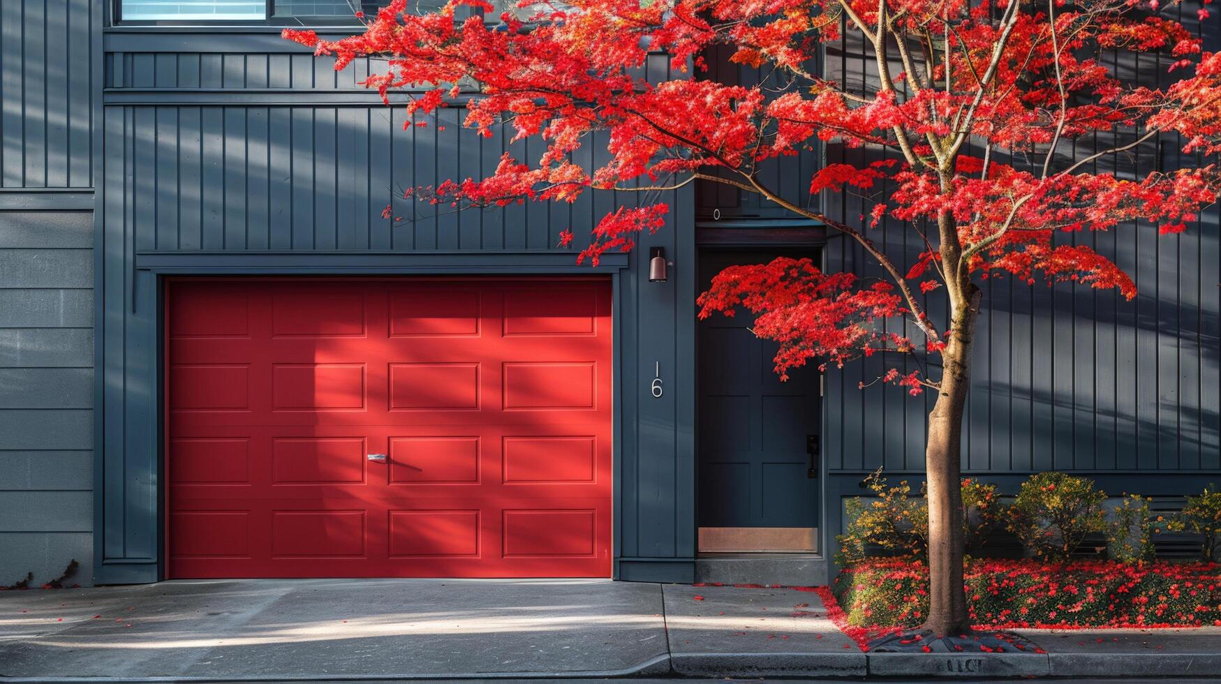 ai generato rosso albero nel davanti di rosso box auto porta foto