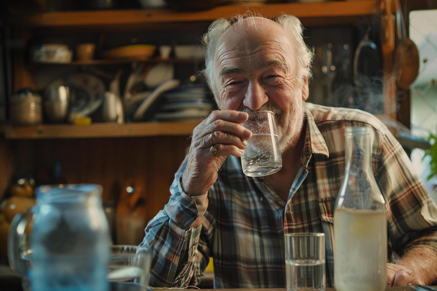 ai generato anziano uomo sorridente mentre potabile acqua con ai generato. foto