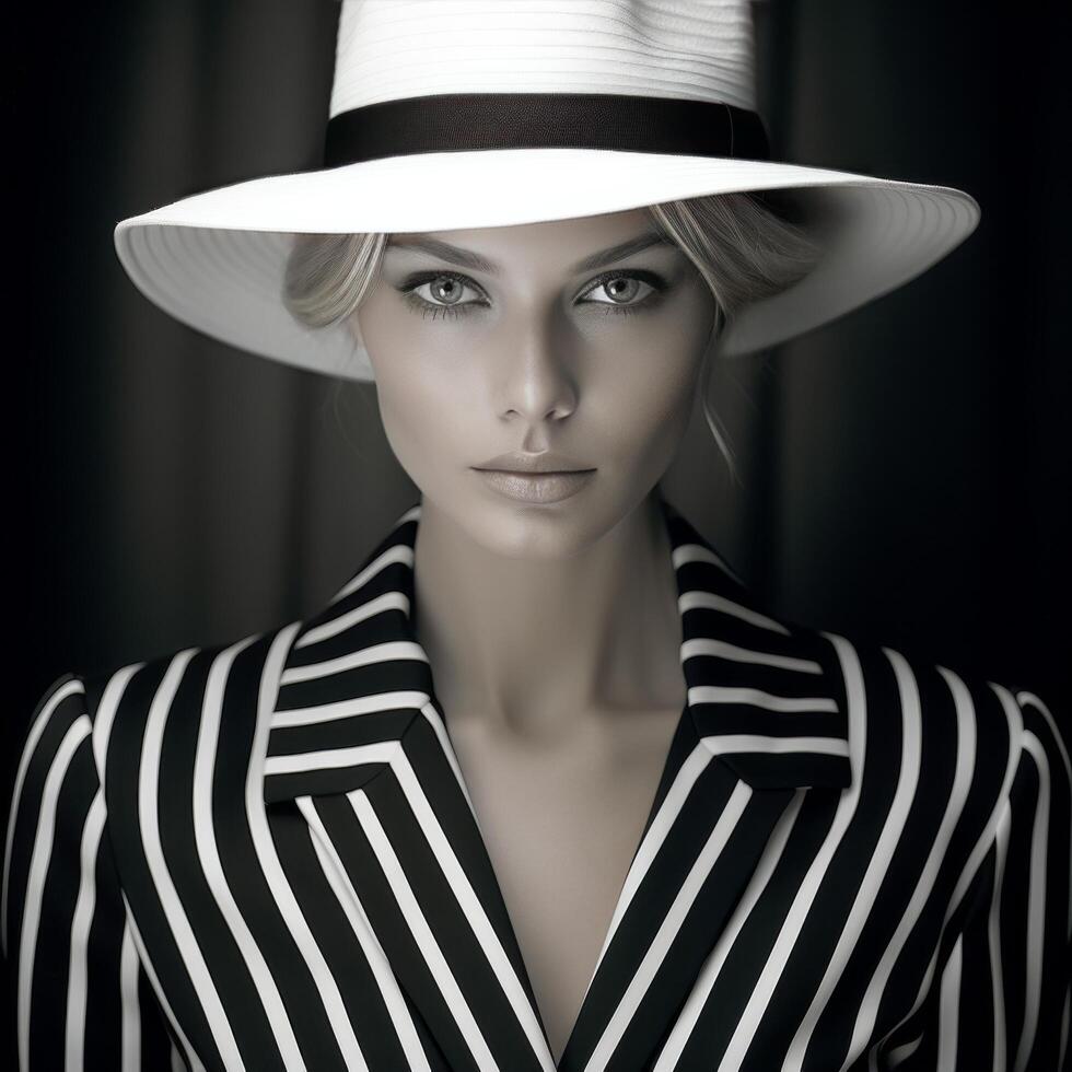 ai generato monocromatico a strisce moda con elegante cappello foto