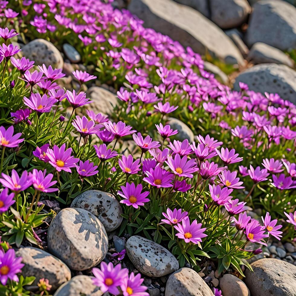ai generato viola fiori in crescita su un' roccioso pendio foto