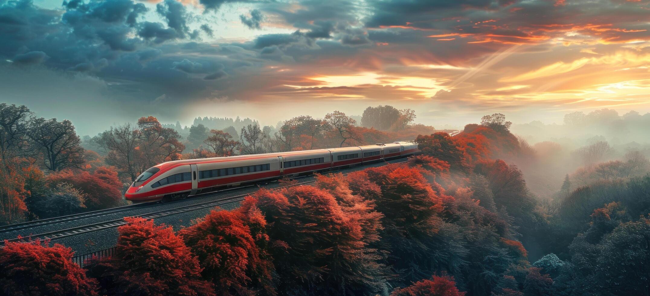 ai generato un' lusso veloce treno in viaggio attraverso un' foresta con un' nuvoloso cielo foto