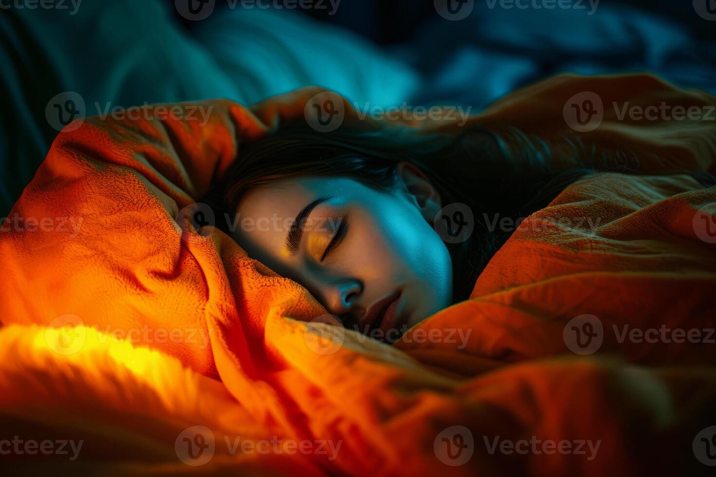 ai generato donna dormire nel letto a notte foto