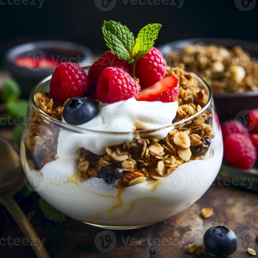 ai generato muesli con Yogurt e frutti di bosco nel un' piatto primo piano.sano cibo. foto