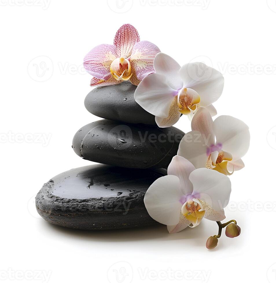 ai generato terme massaggio pietre con orchidee fiore foto
