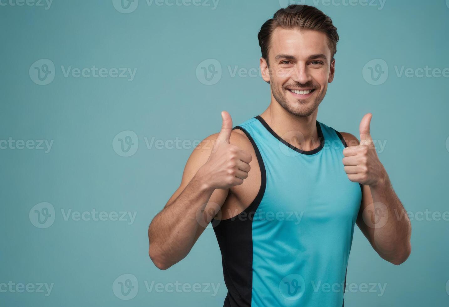 ai generato un' in forma uomo nel un' senza maniche gli sport superiore Spettacoli Doppio pollici su, il suo fiducioso Sorridi esprimendo prontezza per attività. foto