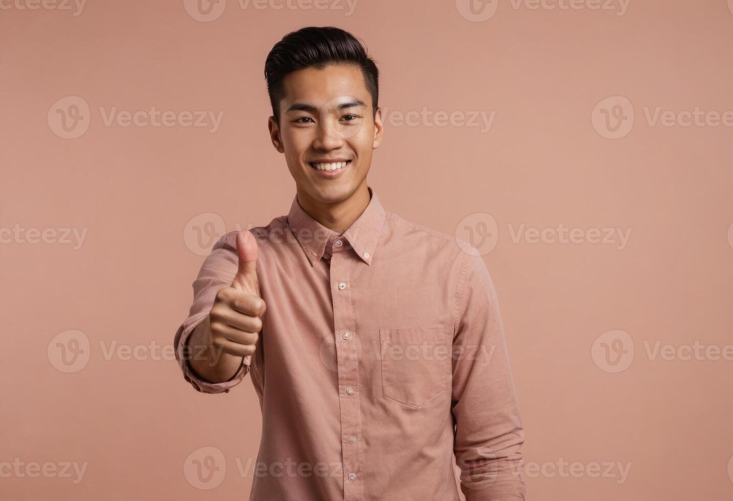 ai generato un' giovane uomo sorridente e offerta un' pollici su per il spettatore, vestito nel un' casuale rosa camicia contro un' pesca sfondo. foto