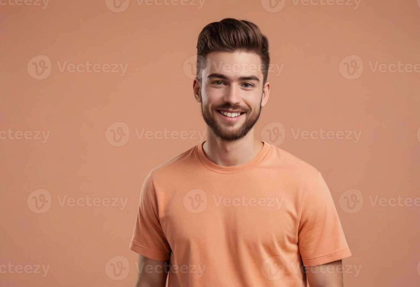 ai generato un' uomo nel un arancia tee con un' barba e un' allegro Sorridi, guardare rilassato e accessibile. foto