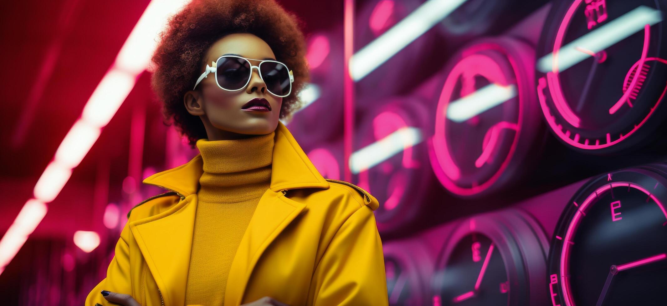 ai generato alla moda donna nel neon urbano ambientazione foto