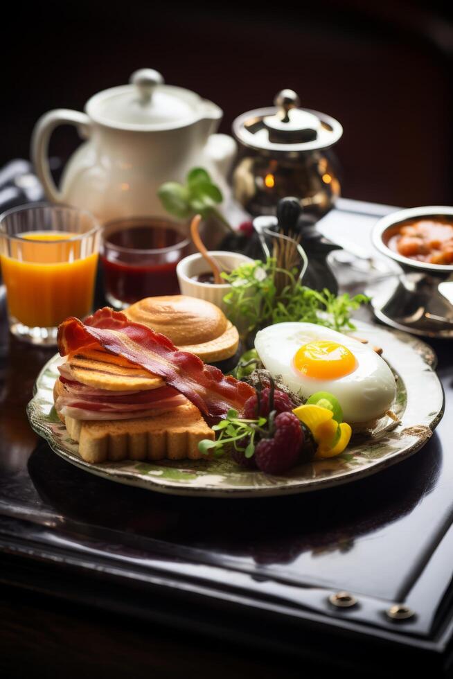 ai generato un artigianale inglese colazione, con localmente di provenienza ingredienti e fatti in casa conserve foto