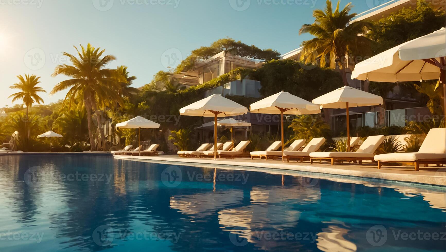 ai generato sole lettino con ombrello di il piscina, Hotel foto