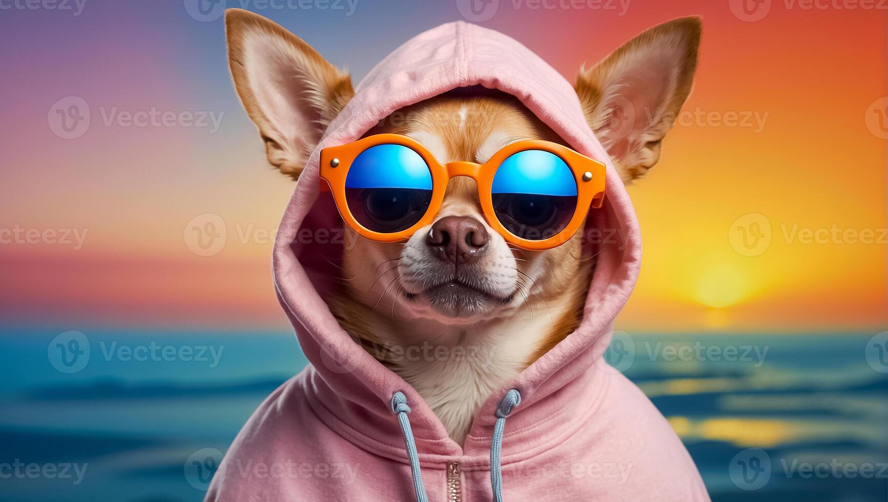 ai generato alla moda cane con occhiali da sole e felpa con cappuccio foto