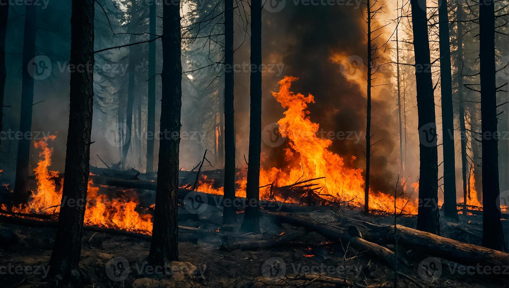 ai generato foresta fuoco, alberi nel Fumo, fiamma foto
