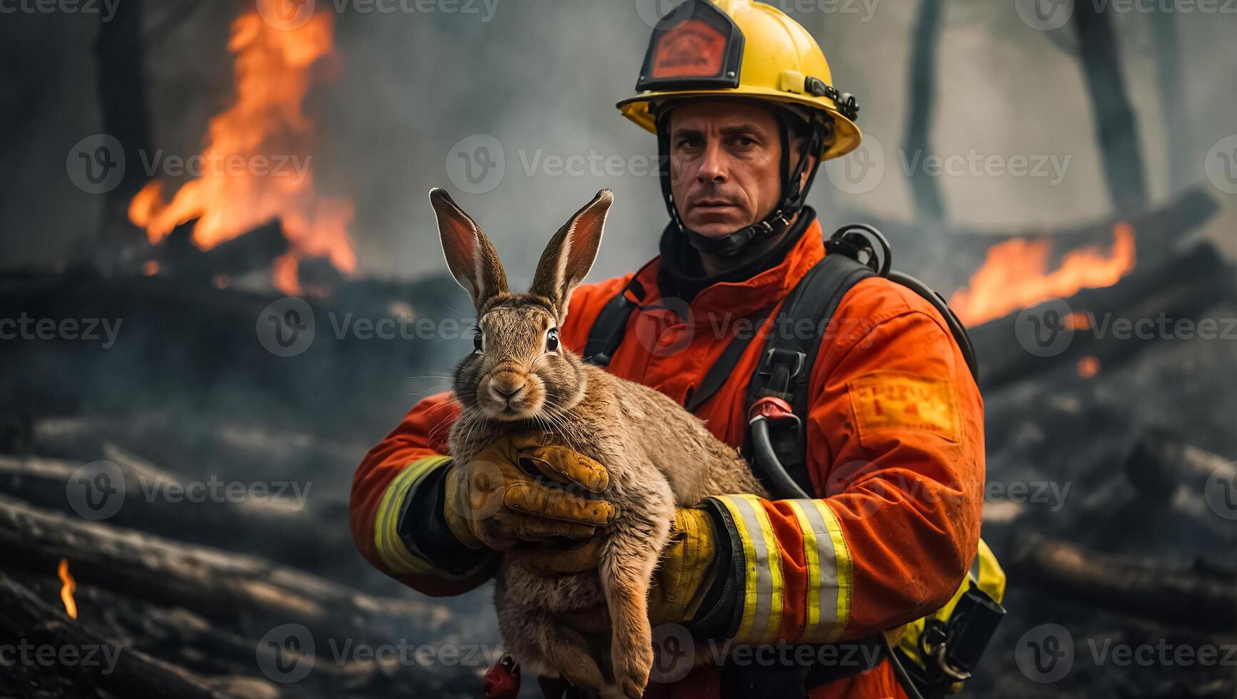 ai generato uomo pompiere detiene un' salvato lepre nel sua braccia natura foto