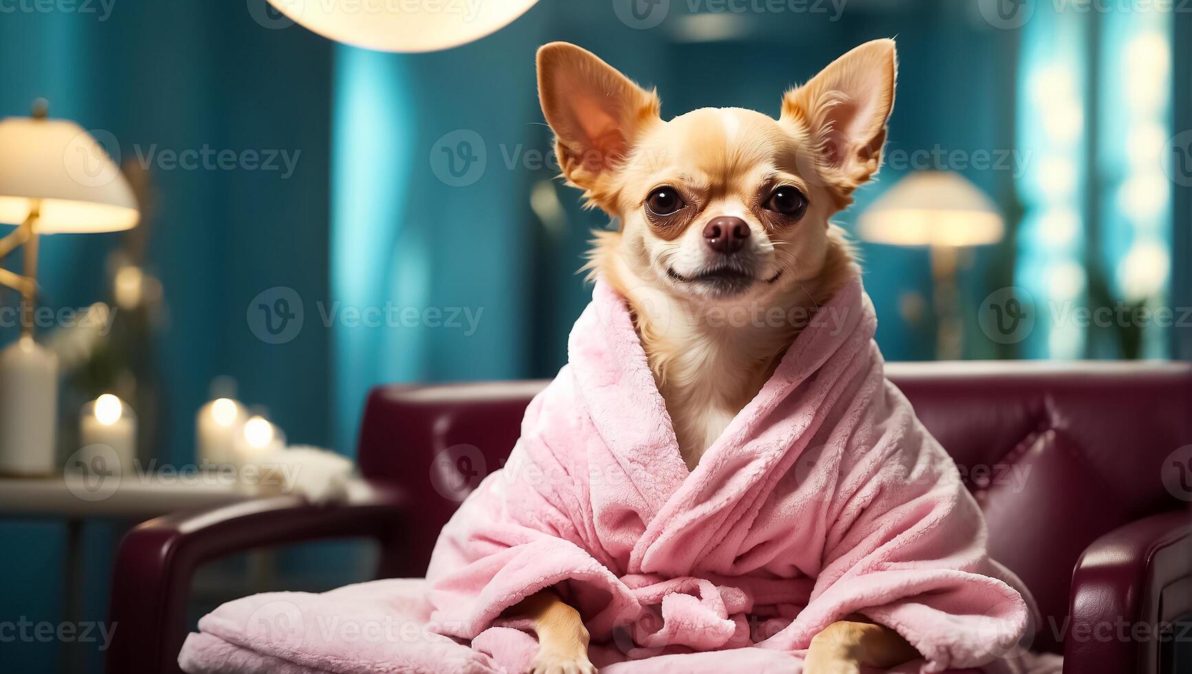 ai generato bellissimo cane nel un' accappatoio nel un' terme salone riposo foto