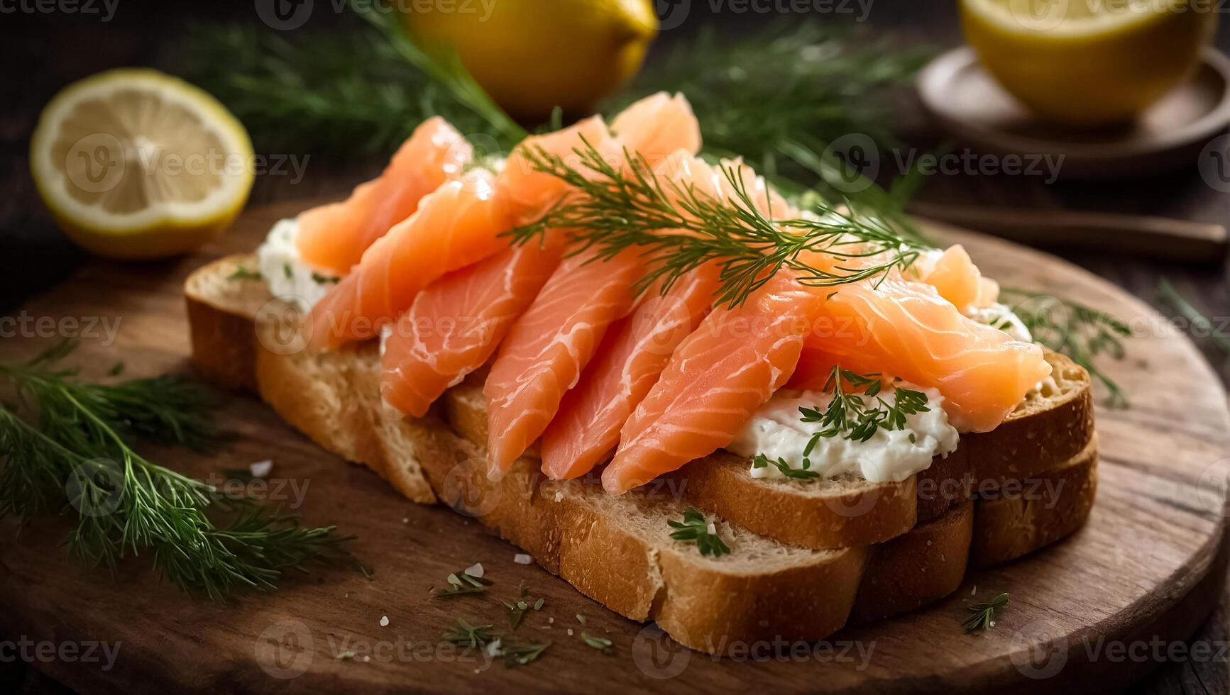 ai generato pane con fresco salmone affettato delizioso salmone su un' di legno tavola foto