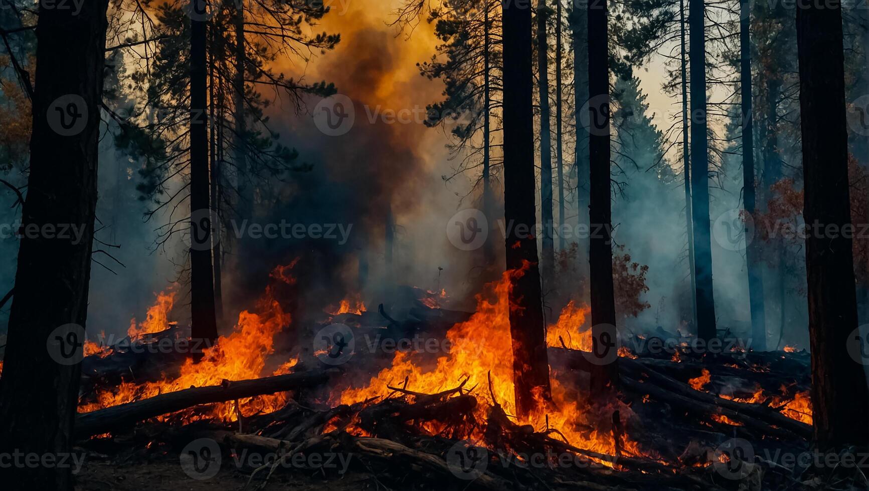 ai generato foresta fuoco, alberi nel Fumo, fiamma foto