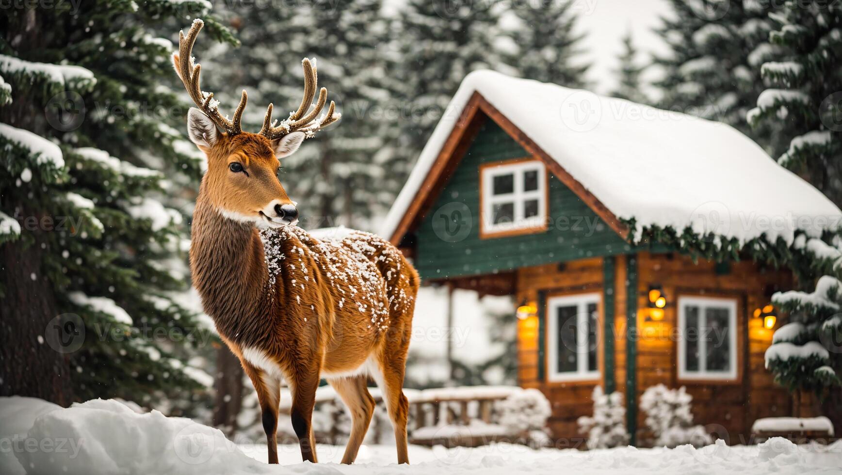 ai generato carino cervo inverno Casa foto