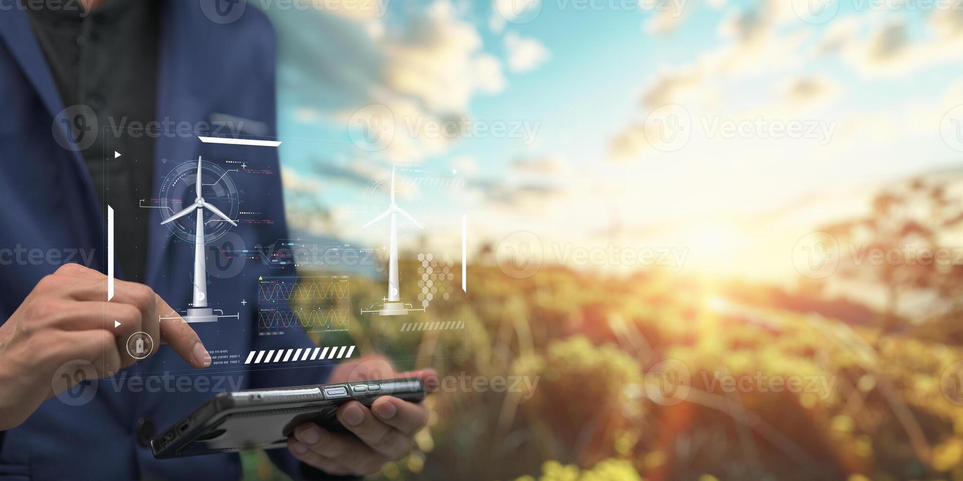 ologramma schermo gli esseri umani controllo il sistema vento turbine produrre elettricità. eco coda, pulito energia a partire dal natura. foto