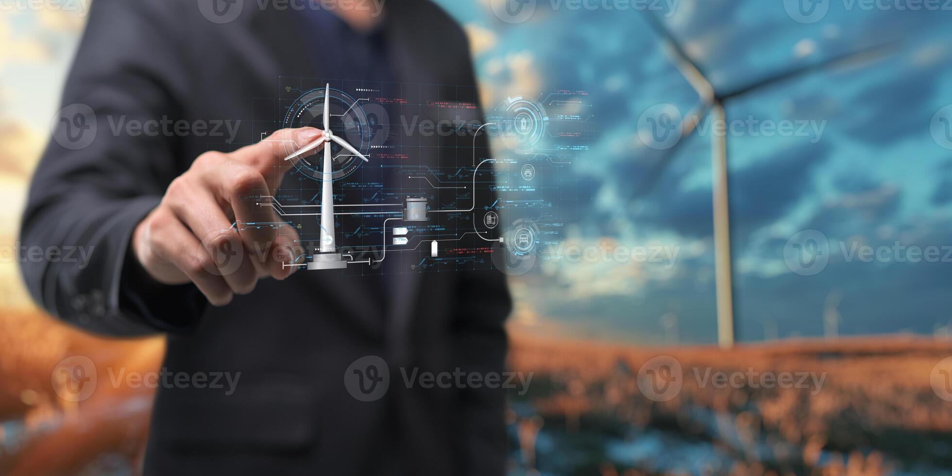 ologramma schermo gli esseri umani controllo il sistema vento turbine produrre elettricità. eco coda, pulito energia a partire dal natura. foto