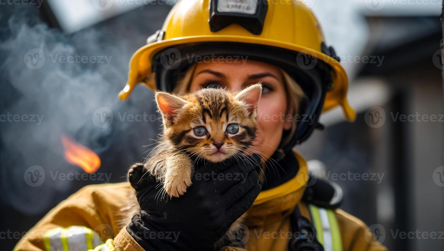 ai generato ritratto di un' femmina pompiere Tenere un' salvato gattino nel sua braccia foto