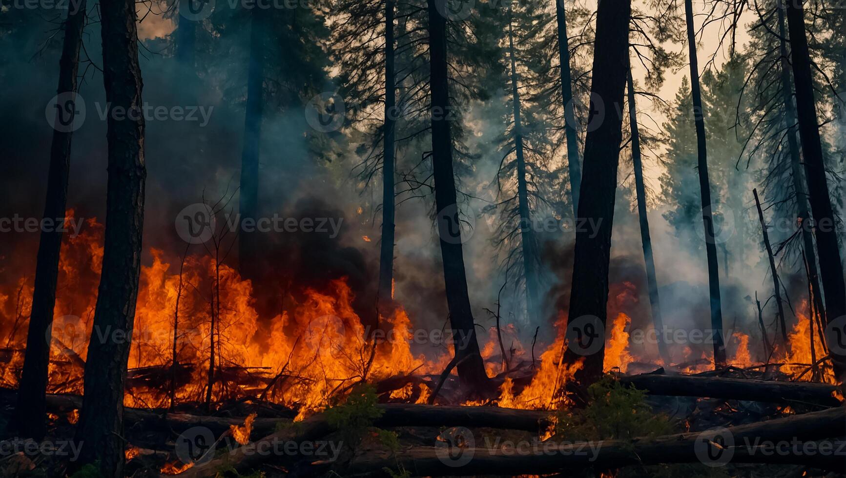 ai generato foresta fuoco, alberi nel Fumo, fiamma foto