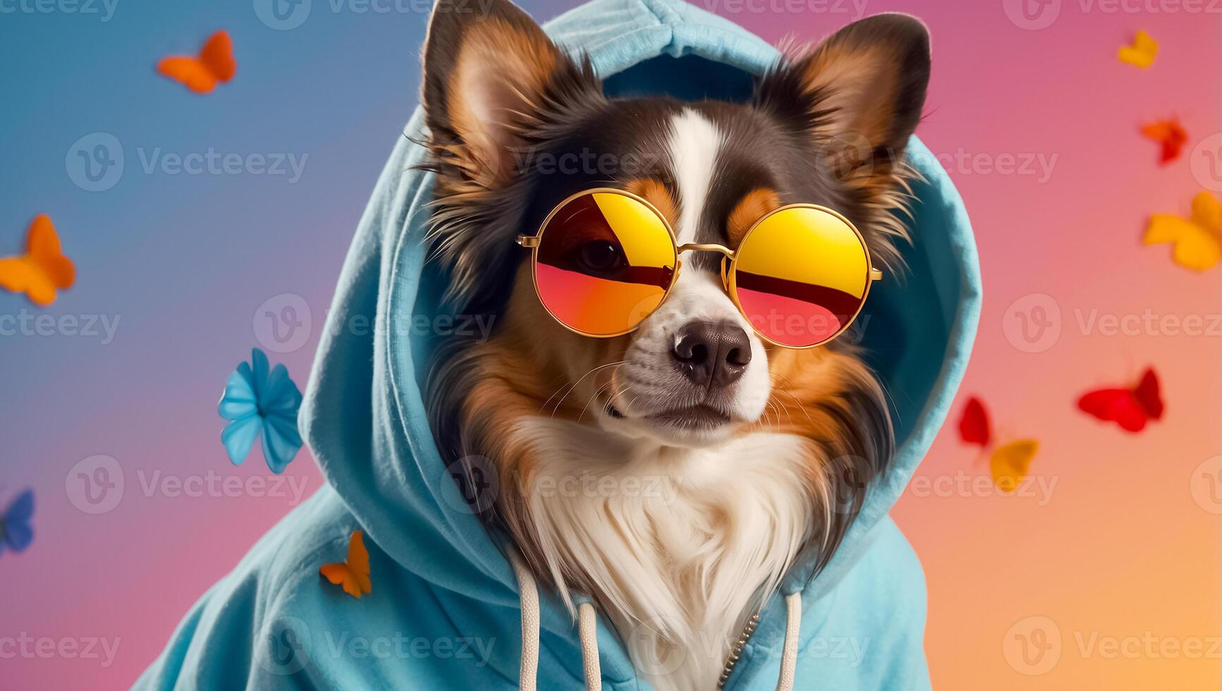 ai generato alla moda cane con occhiali da sole e felpa con cappuccio foto